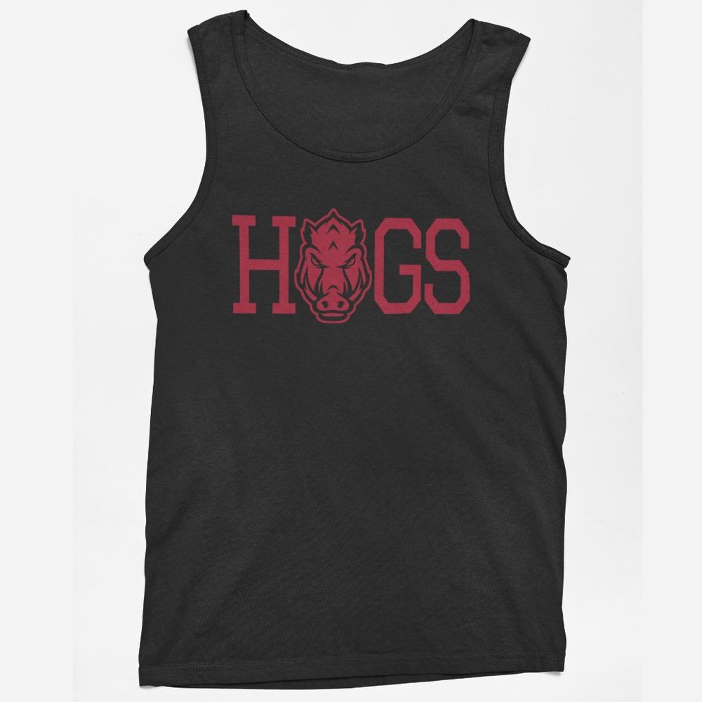 NEW Arkansas Razorbacks Hogs Head Logo Spellout Logo Tank Top BLACK